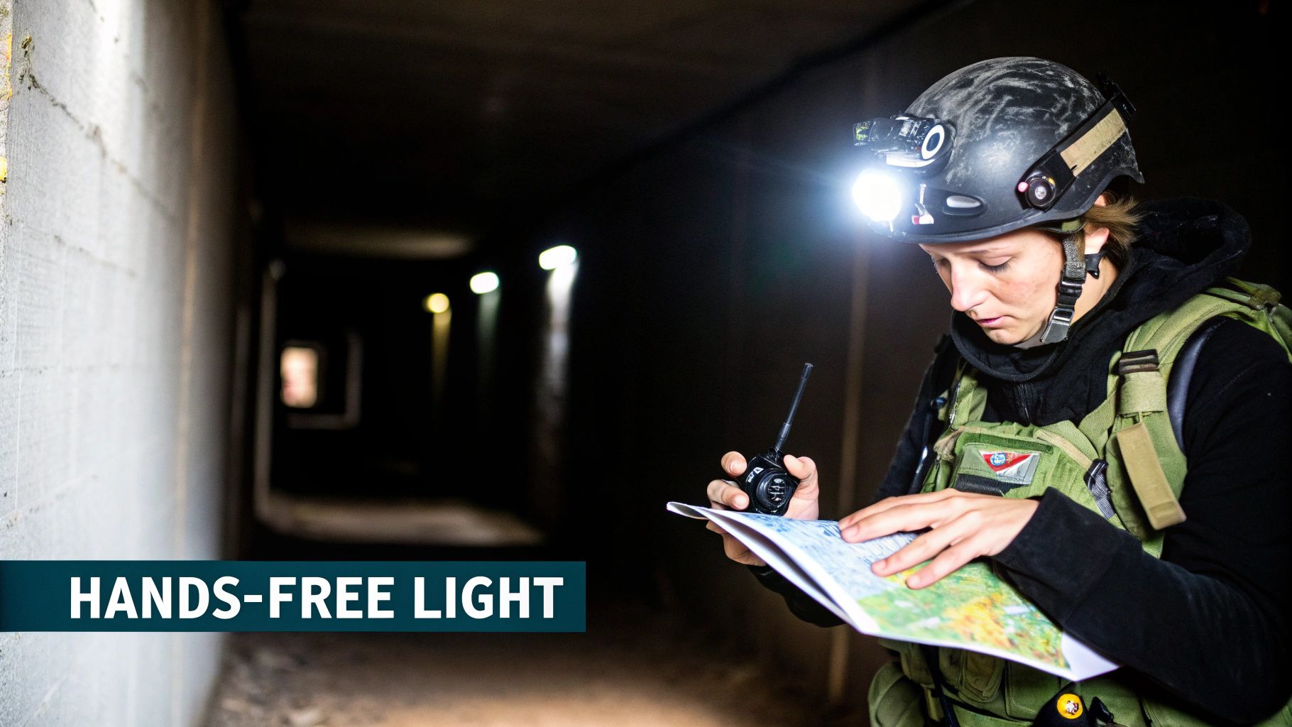 Person wearing a helmet-mounted headlamp navigates with a map and radio in a dark tunnel.