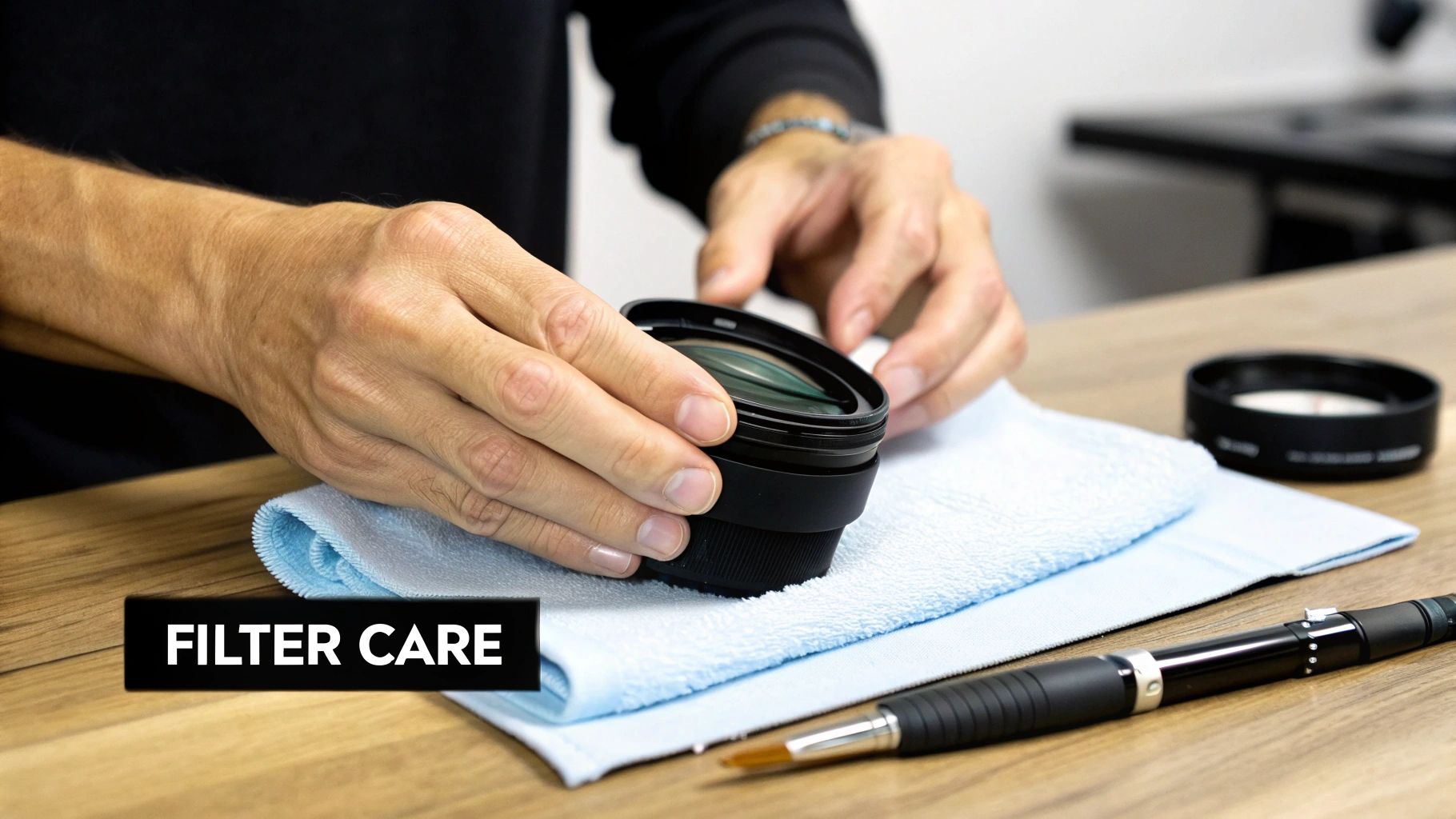 A person carefully cleaning the lens of a night vision filter with a microfiber cloth.