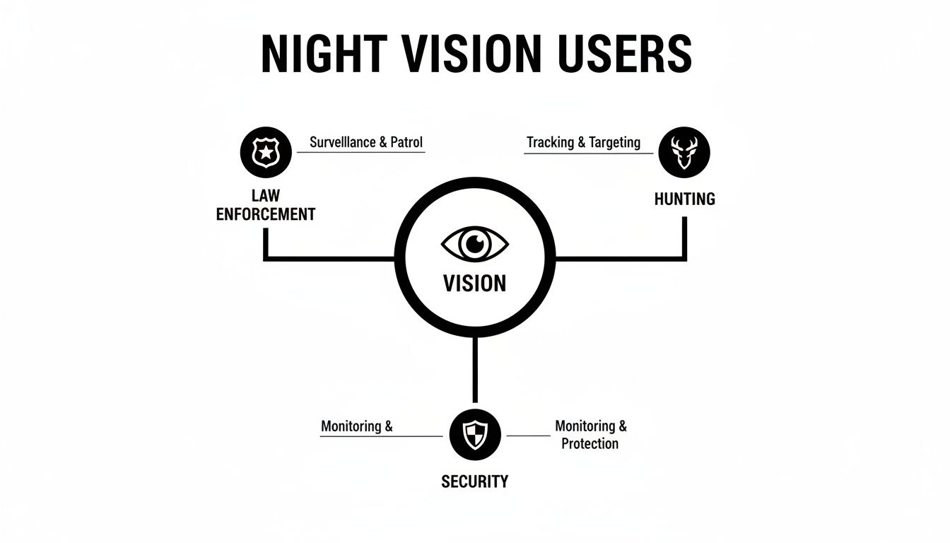 Diagram titled 'Night Vision Users' showing applications in law enforcement, hunting, and security sectors.
