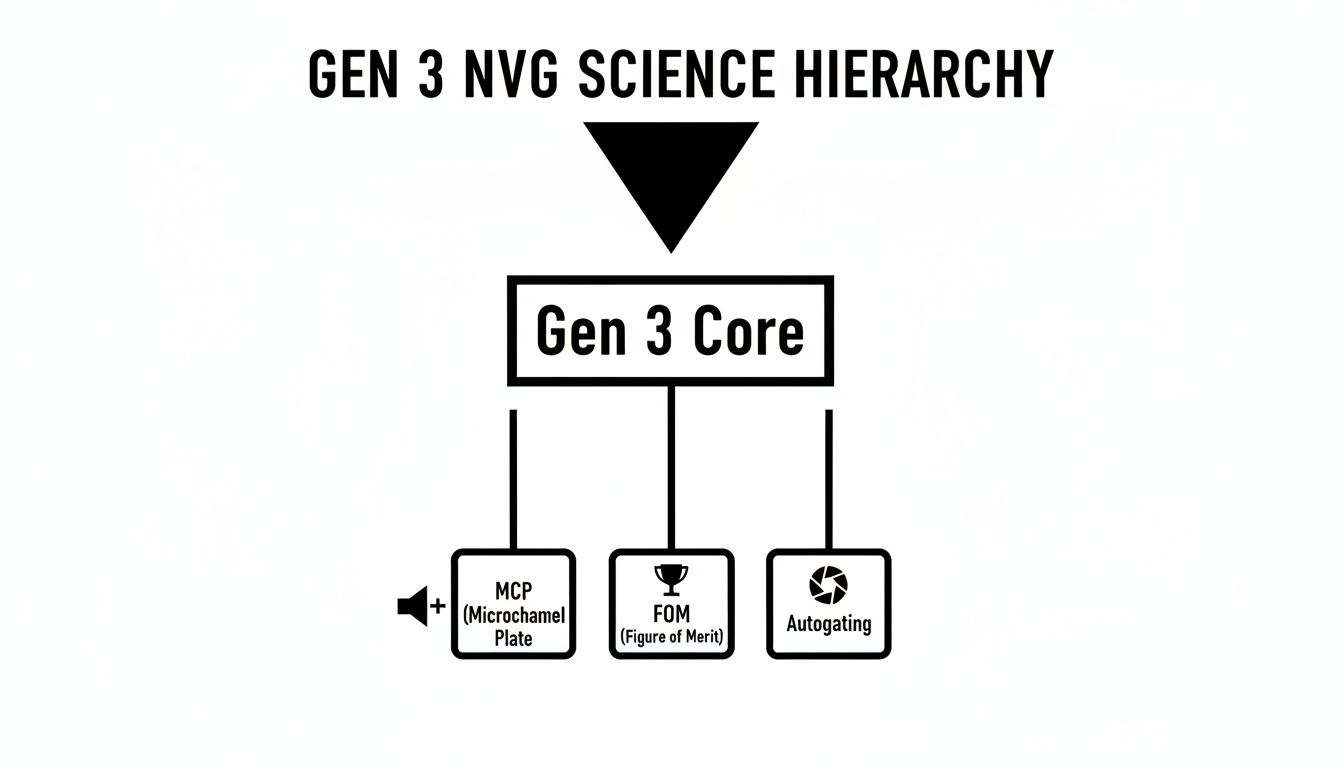 A diagram outlining the Gen 3 NVG science hierarchy, detailing its core and main components.