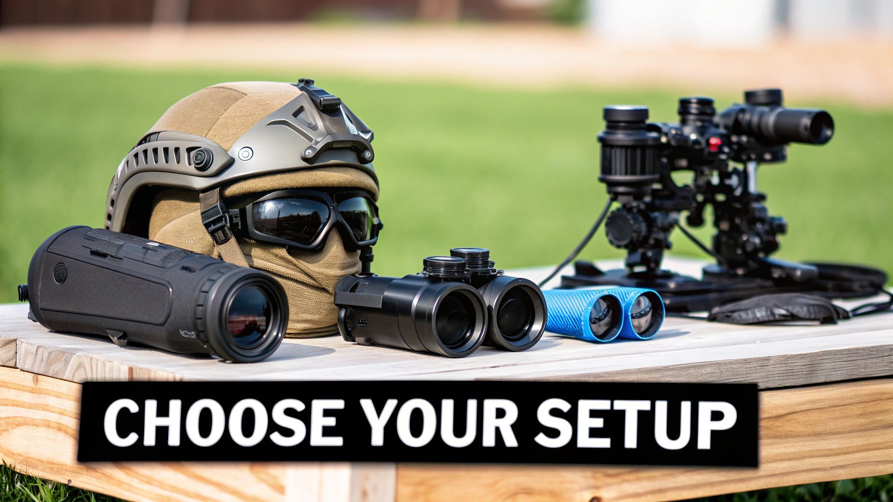 Military tactical helmet with night vision equipment and optical devices displayed on wooden surface