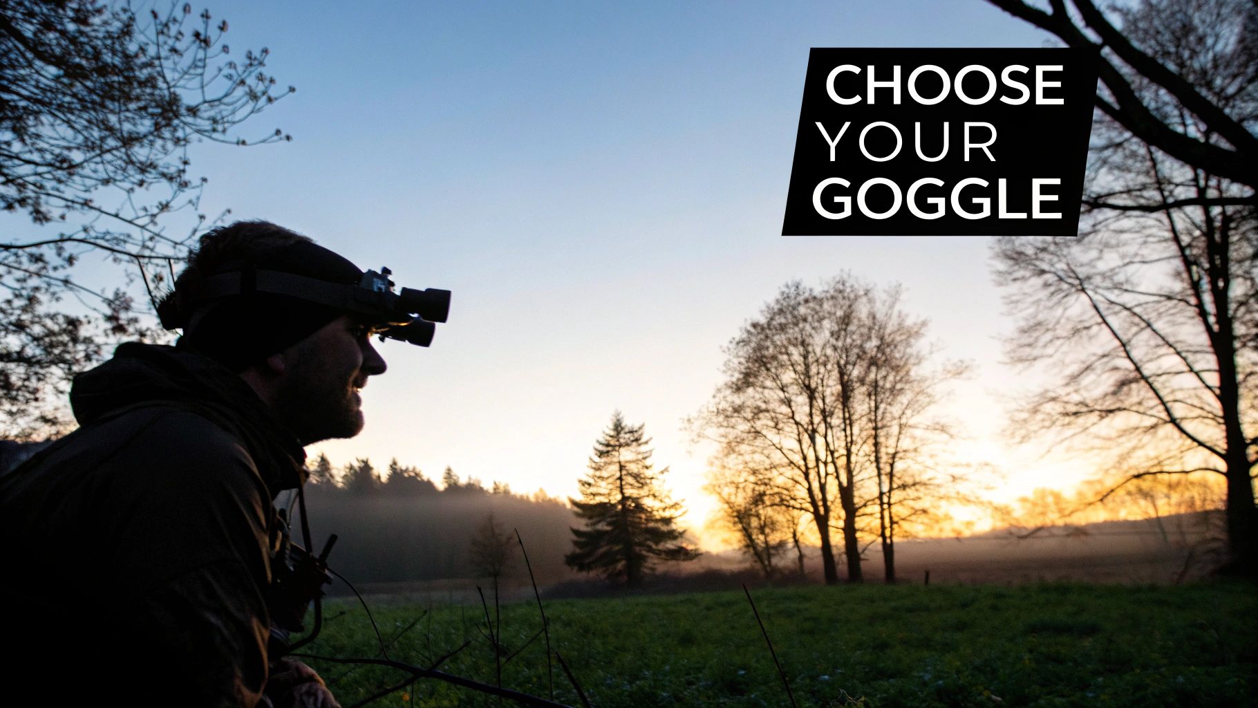 Smiling man wearing night vision goggles outdoors at sunset, surrounded by trees and a field.