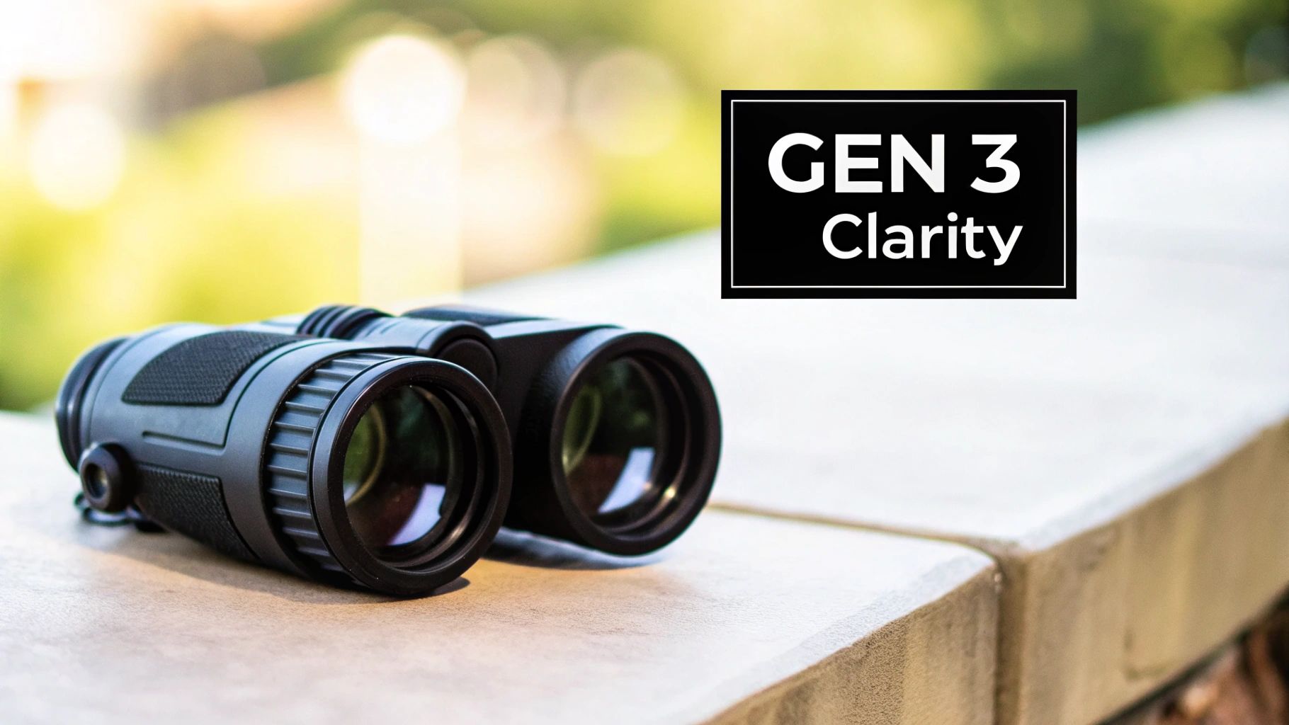 Black binoculars resting on a light-colored outdoor surface, with a 'GEN 3 Clarity' label.