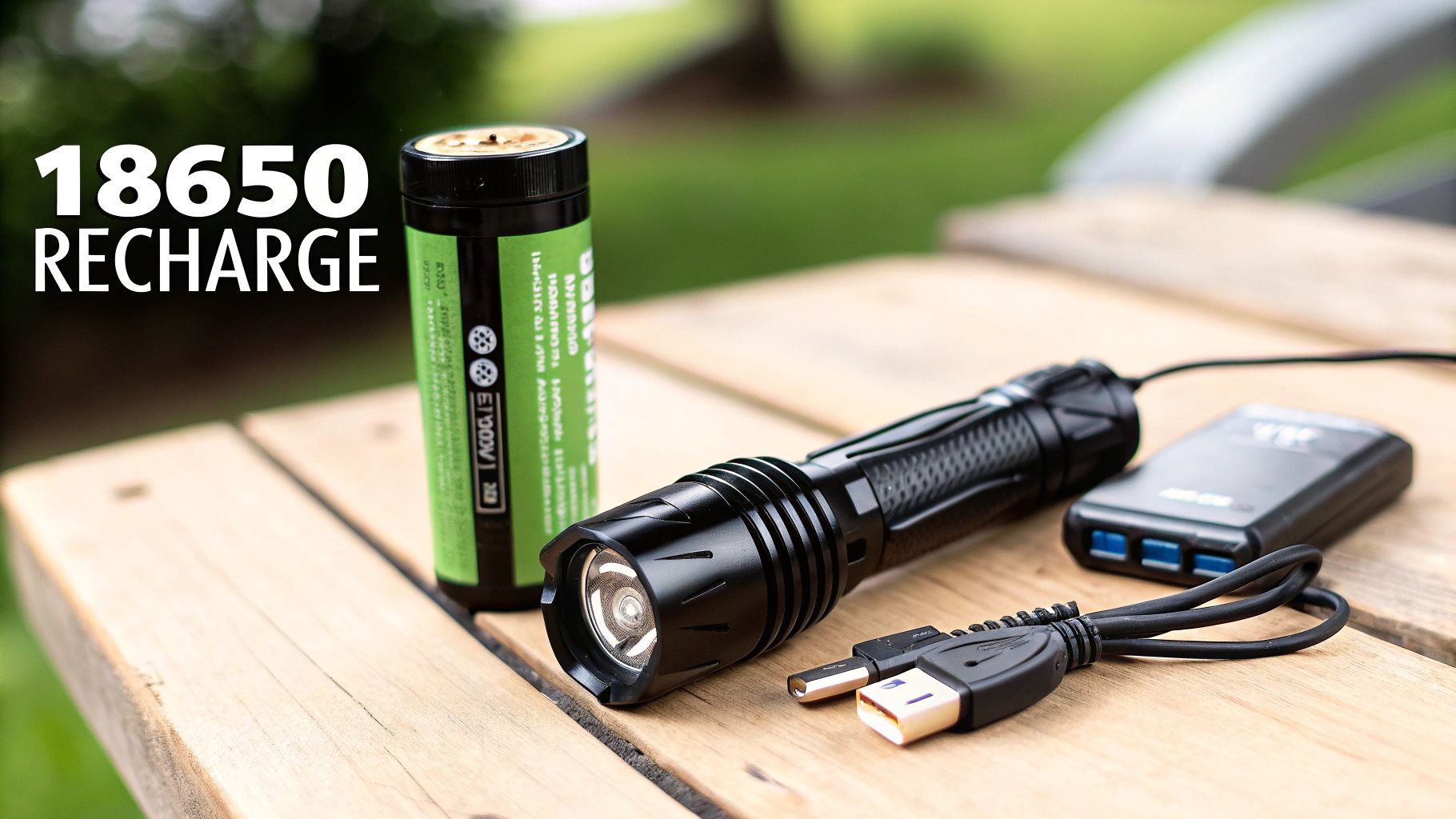 A rechargeable 18650 battery, a flashlight, and charging accessories on a wooden table.