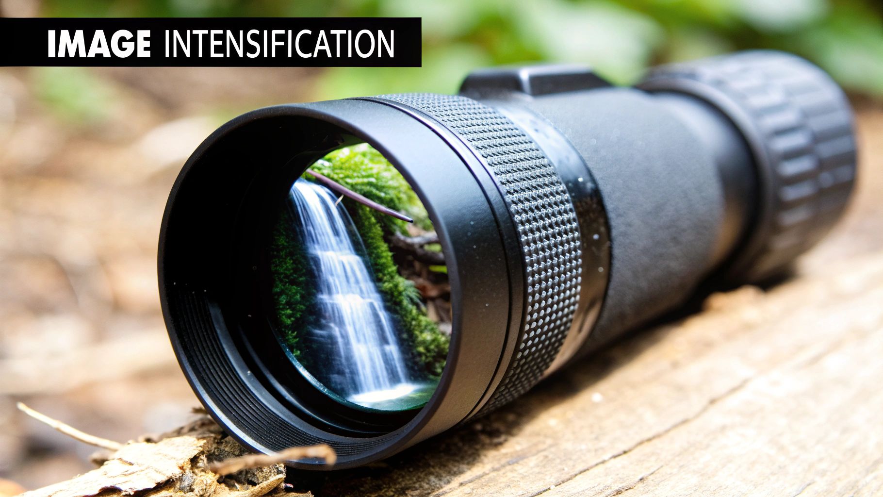 A black monocular lies on wood, reflecting a waterfall scene. Text reads 'IMAGE INTENSIFICATION'.