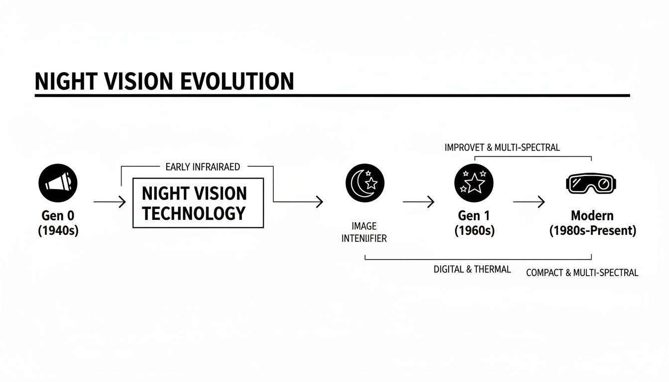 Flowchart illustrating the evolution of night vision technology from Gen 0 (1940s) to modern systems.