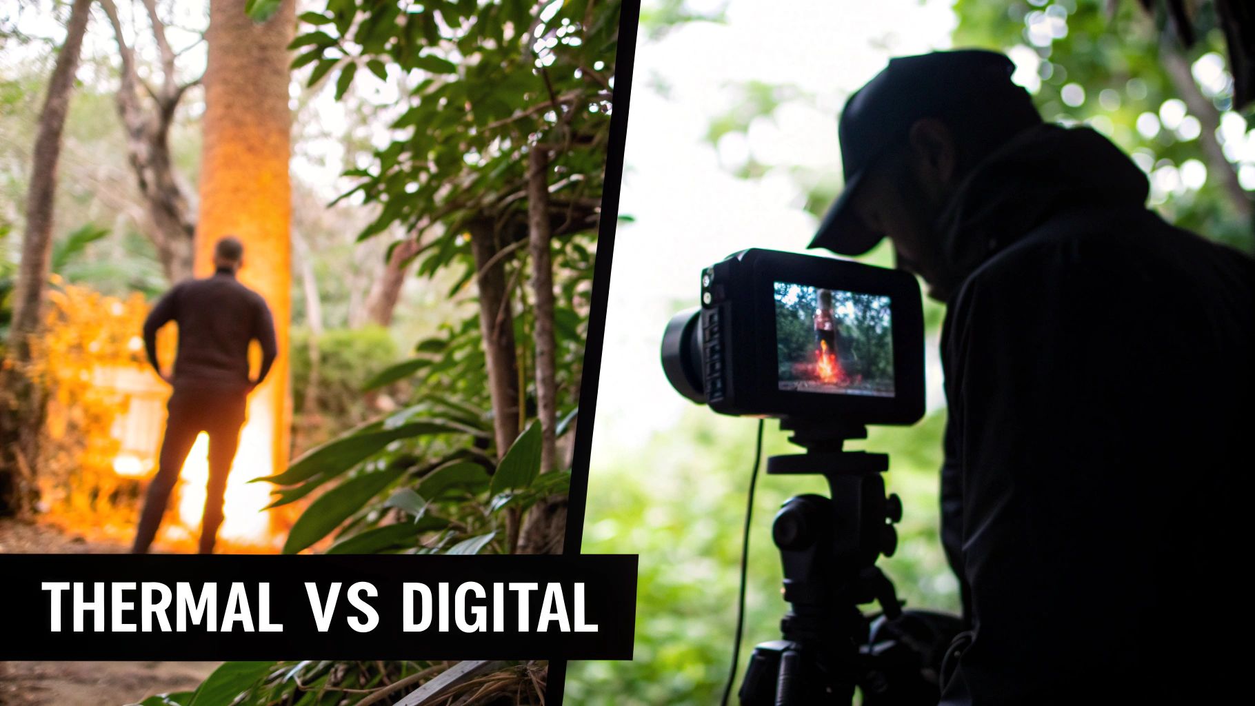 A split image comparing a thermal view of a person in a forest with a digital camera's view, highlighting "THERMAL VS DIGITAL".