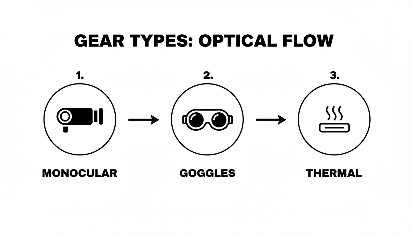 Diagram illustrating optical flow gear types: monocular, followed by goggles, then thermal imaging devices.