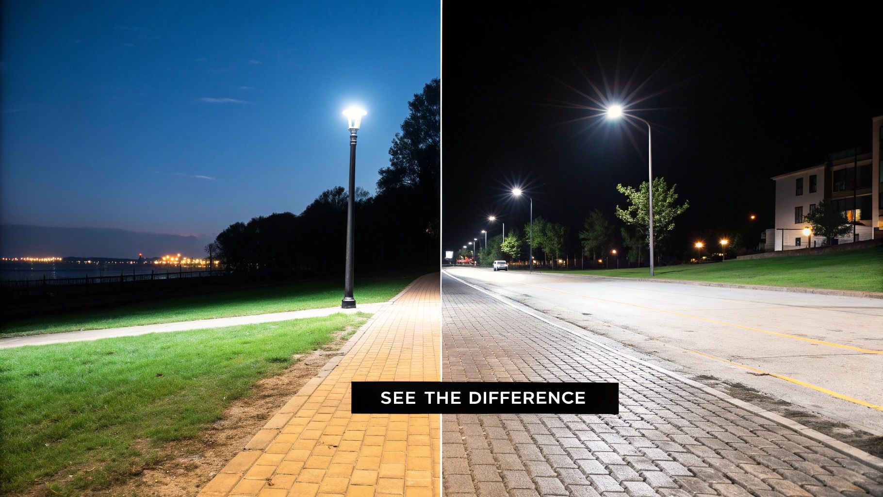 Night image split, showing warm pathway light on left and bright white LED street light on right.