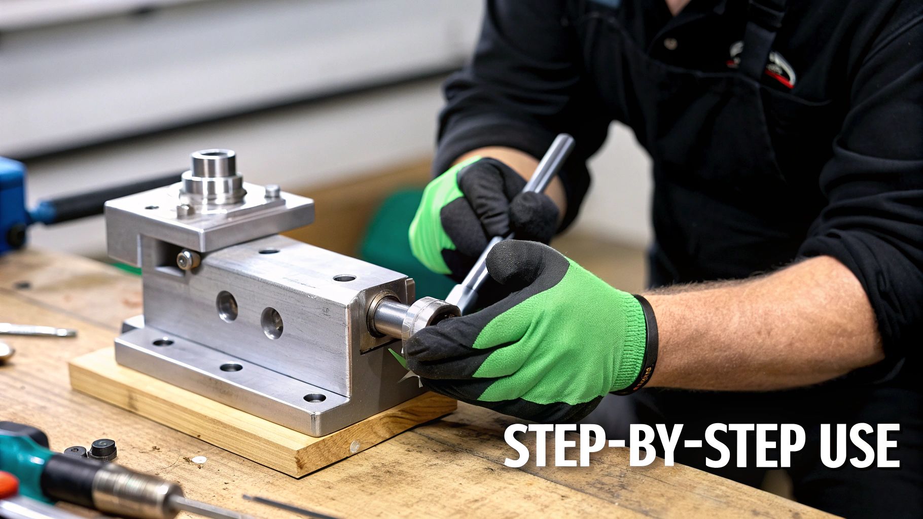 A person wearing green gloves is assembling a metal AR upper vise block on a wooden workbench.