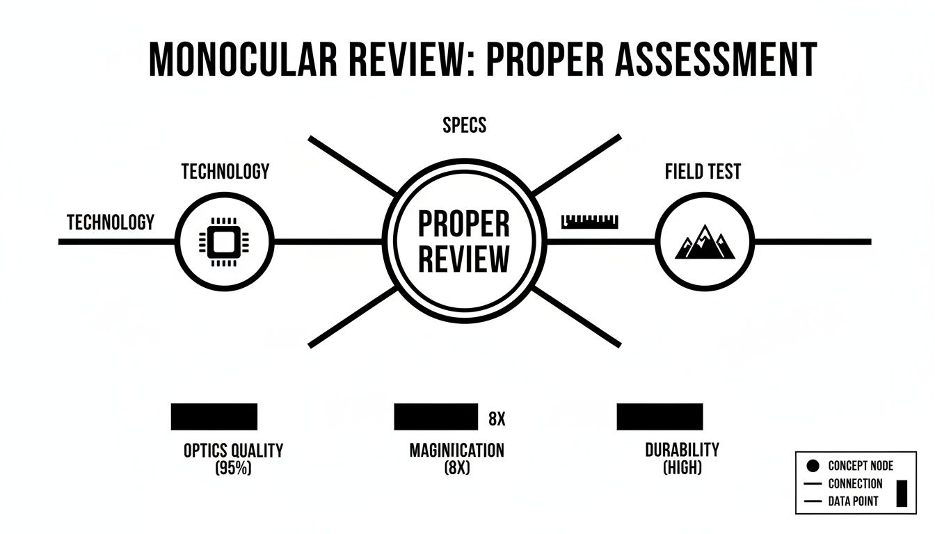 A flowchart illustrates the proper assessment process for monocular review, detailing technology, specs, and field tests.