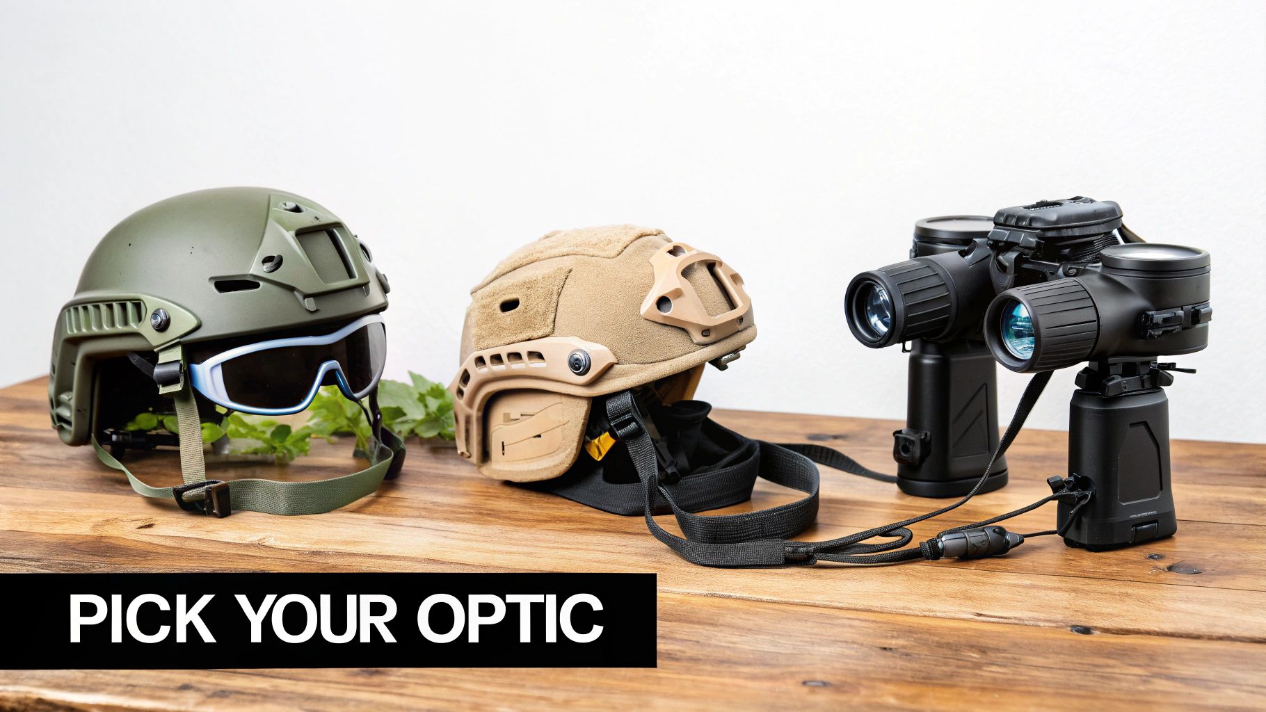 Two tactical helmets, one green and one tan, with advanced night vision binoculars on a wooden table.