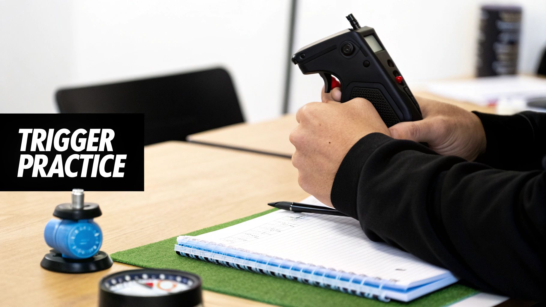 A person practices holding a trigger simulation device at a desk with a notebook and a 'TRIGGER PRACTICE' sign.