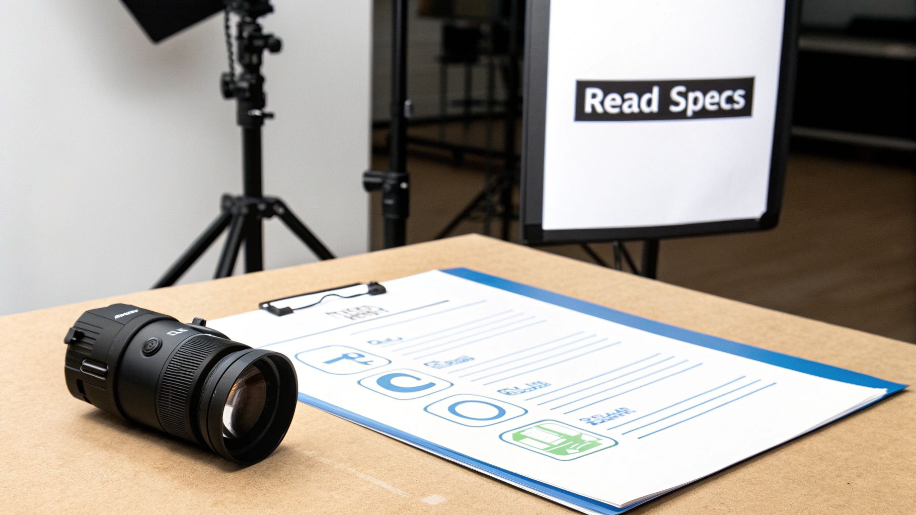 A black night vision device on a table next to a clipboard with a document, under studio lights.