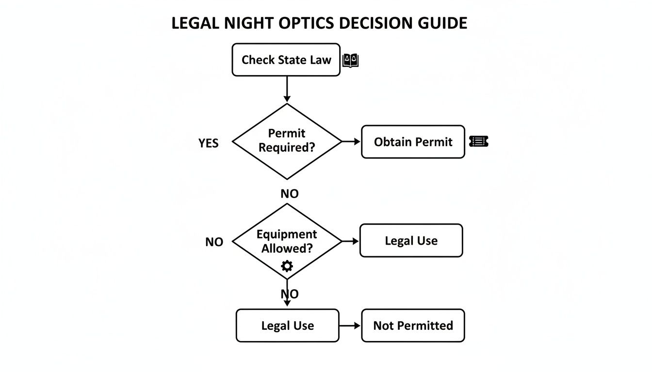 Flowchart guiding legal use of night optics, covering state laws, permit requirements, and equipment allowance.