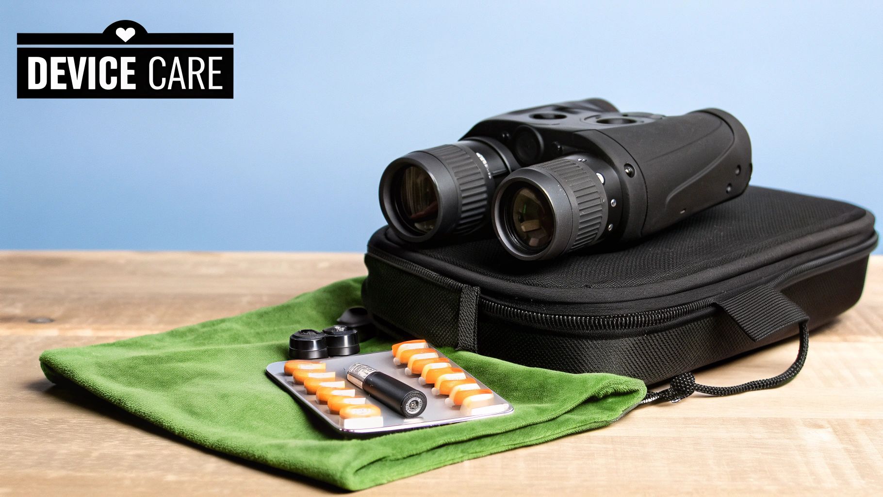 A person carefully cleaning the lens of tactical night vision binoculars.
