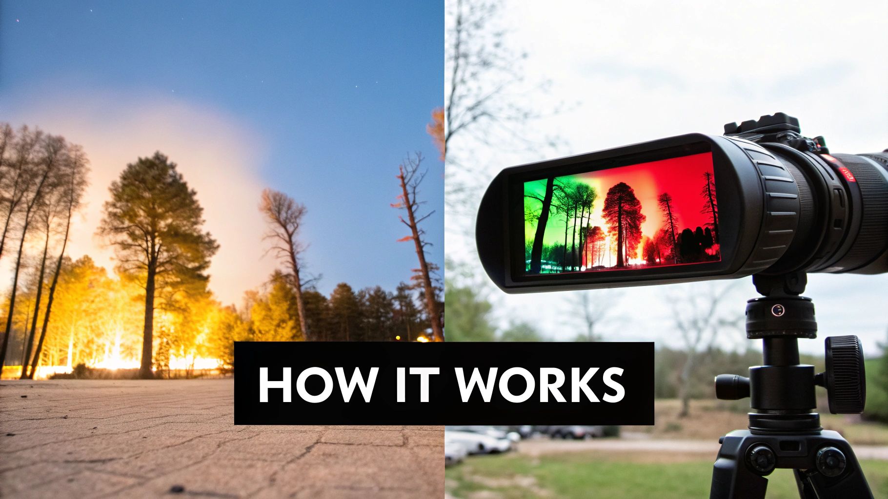 Split image: a nighttime wildfire scene and a thermal imaging device displaying trees with heat signatures.