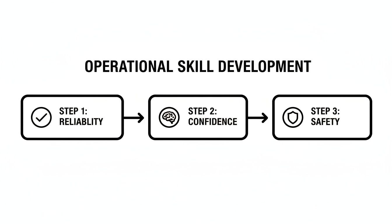 Flowchart detailing operational skill development through three steps: reliability, confidence, and safety.