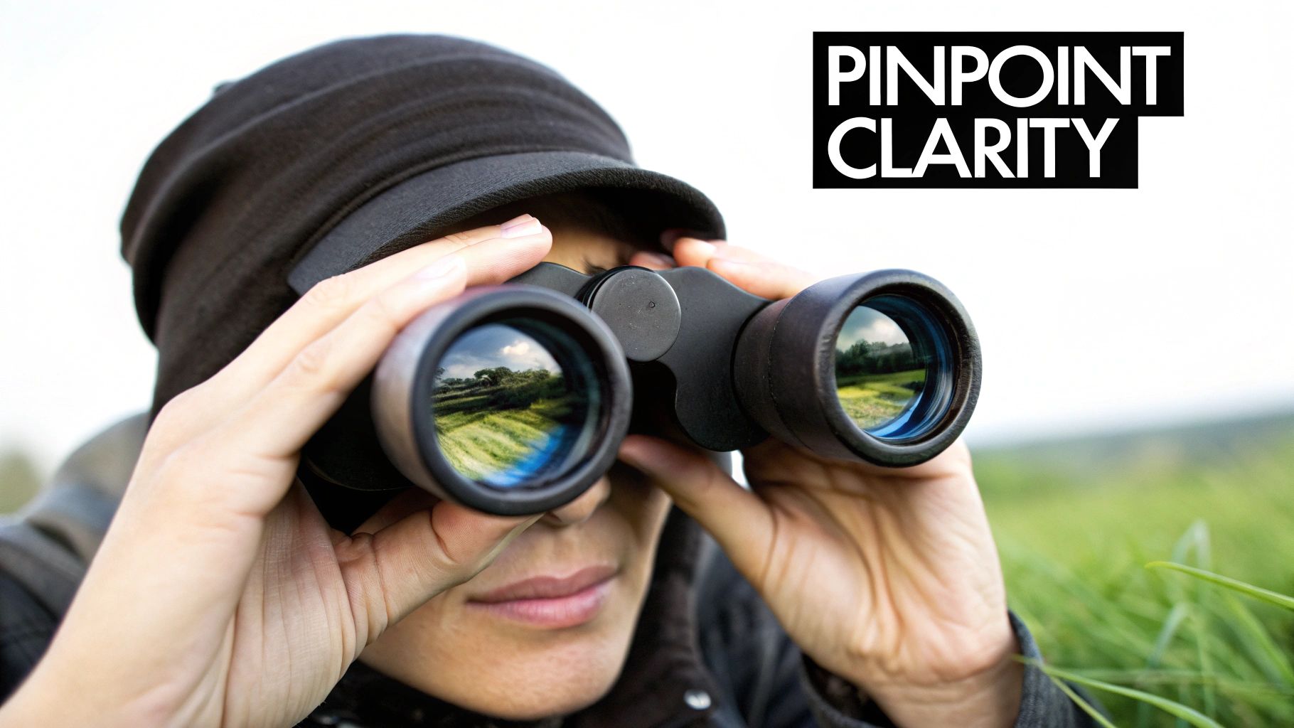 A person in a black cap uses binoculars to observe a clear, green outdoor landscape.
