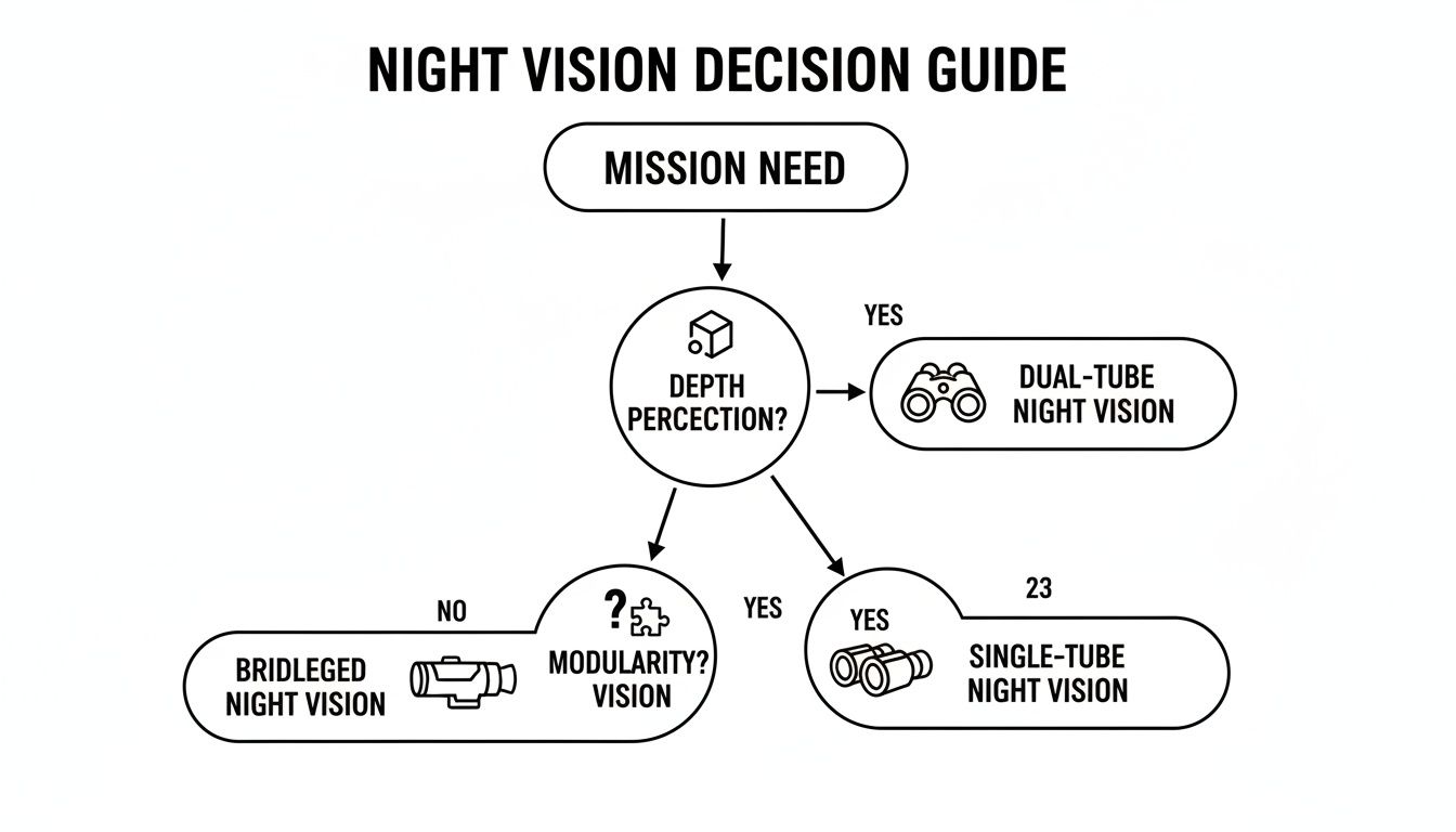 Night vision decision guide flowchart illustrating choices for dual-tube, bridleged, or single-tube based on depth perception and modularity.