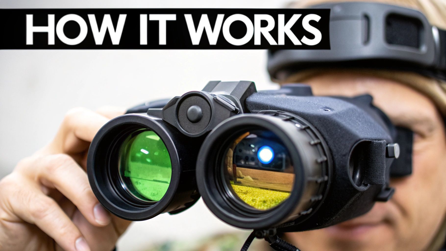 Close-up of a person wearing black night vision goggles with green lenses, demonstrating their use.