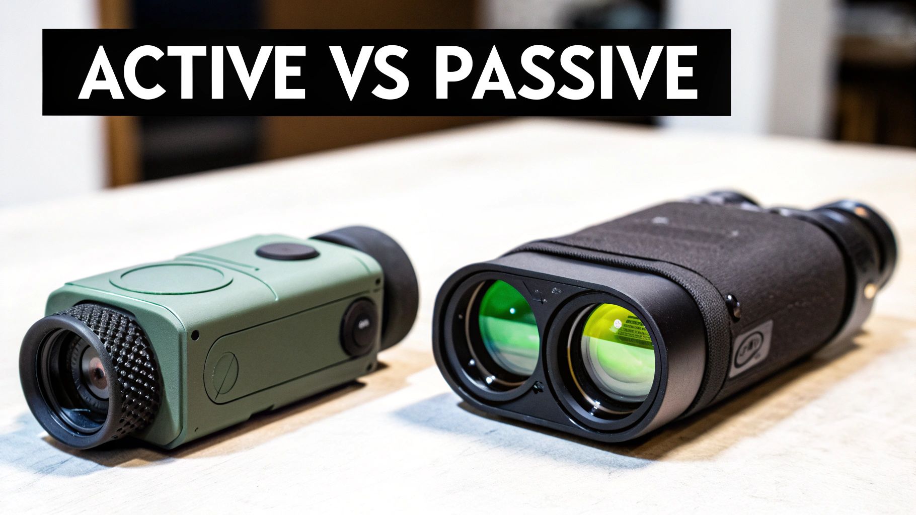 Two infrared night vision devices, a green monocular and a black binocular, with 'ACTIVE VS PASSIVE' text.