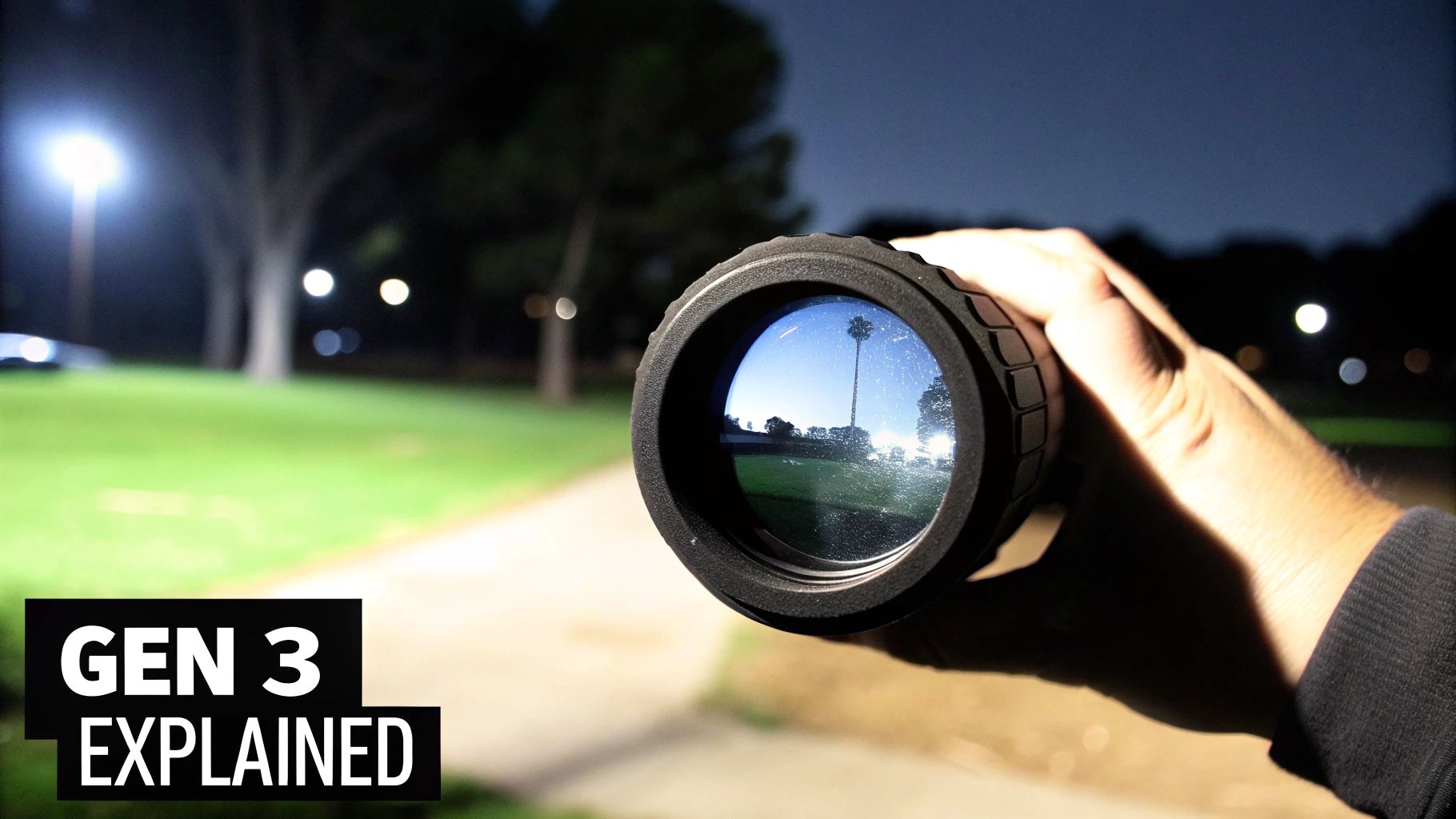 A hand holds a night vision monocular reflecting a bright palm tree, contrasted against a dark night.