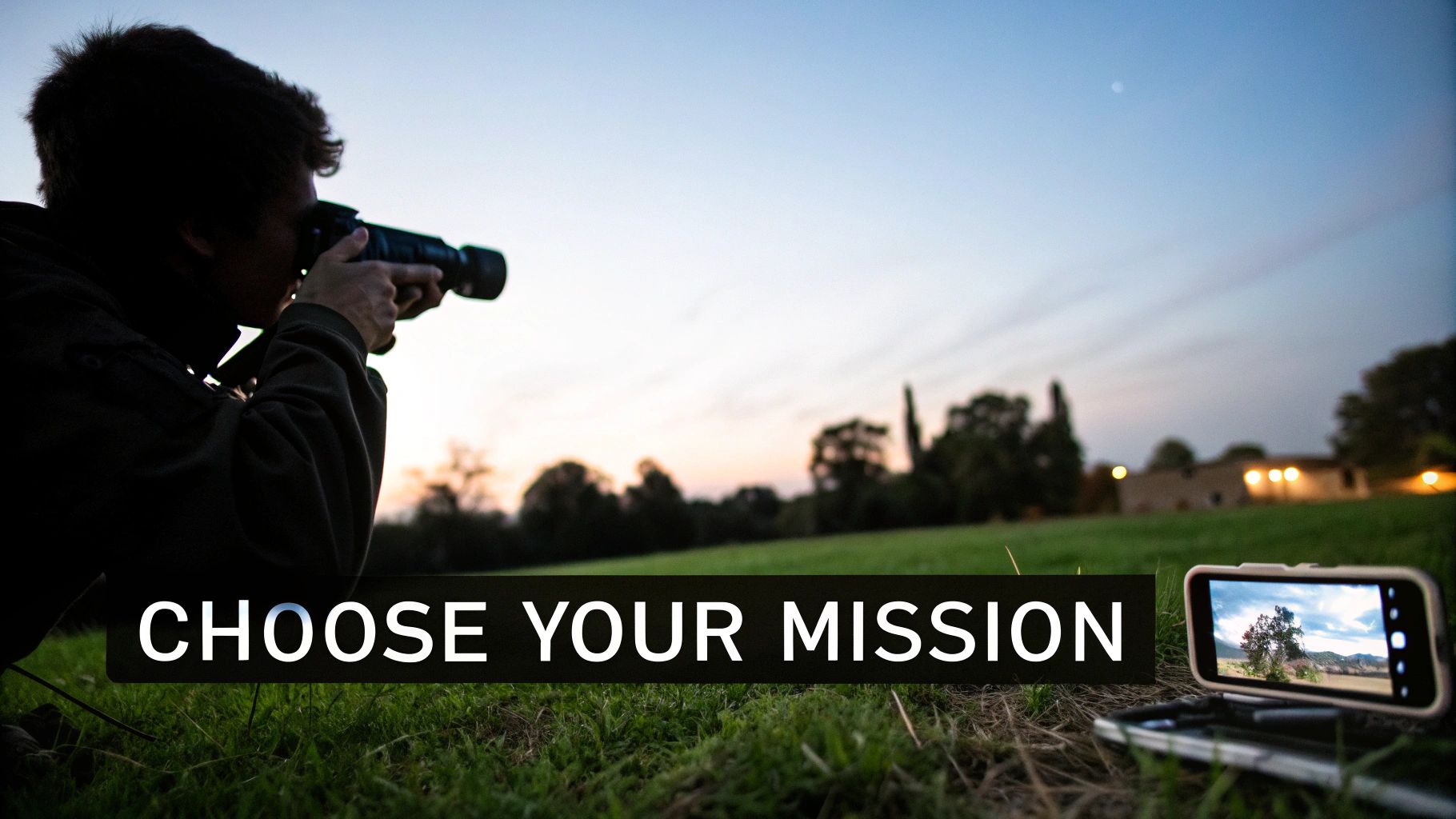 A person in silhouette aims a night vision scope at dusk in a field, with a smartphone displaying a landscape.