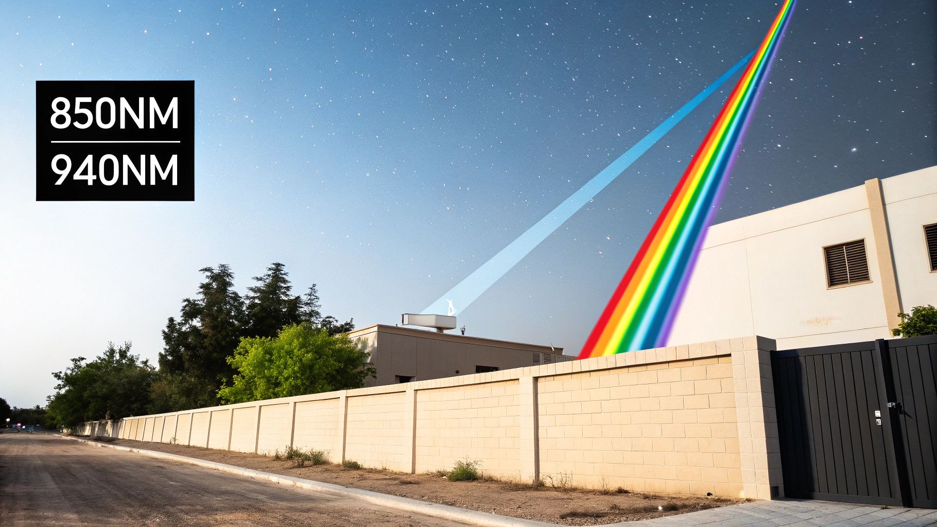 Light beams, including 850NM and 940NM wavelengths, emanating from a building into a starry night.