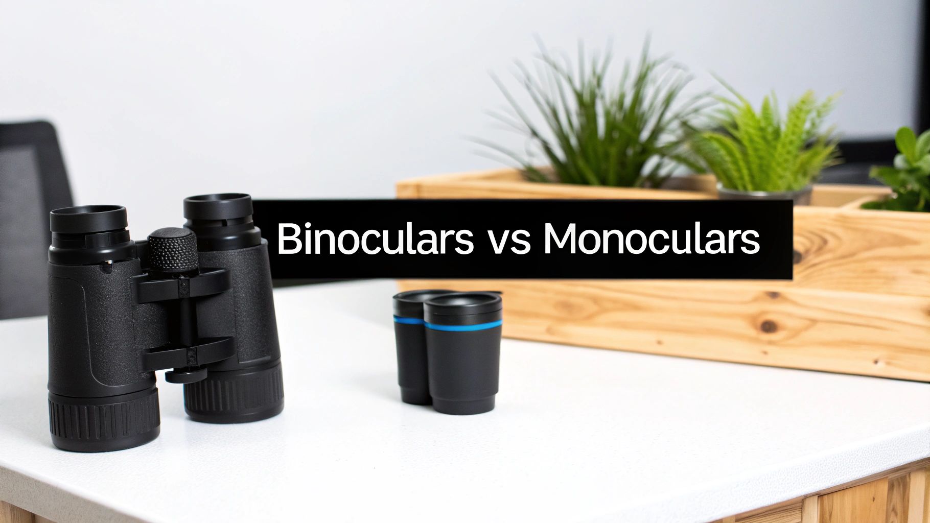 A pair of black binoculars on a white desk, with a text overlay stating "Binoculars vs Monoculars".