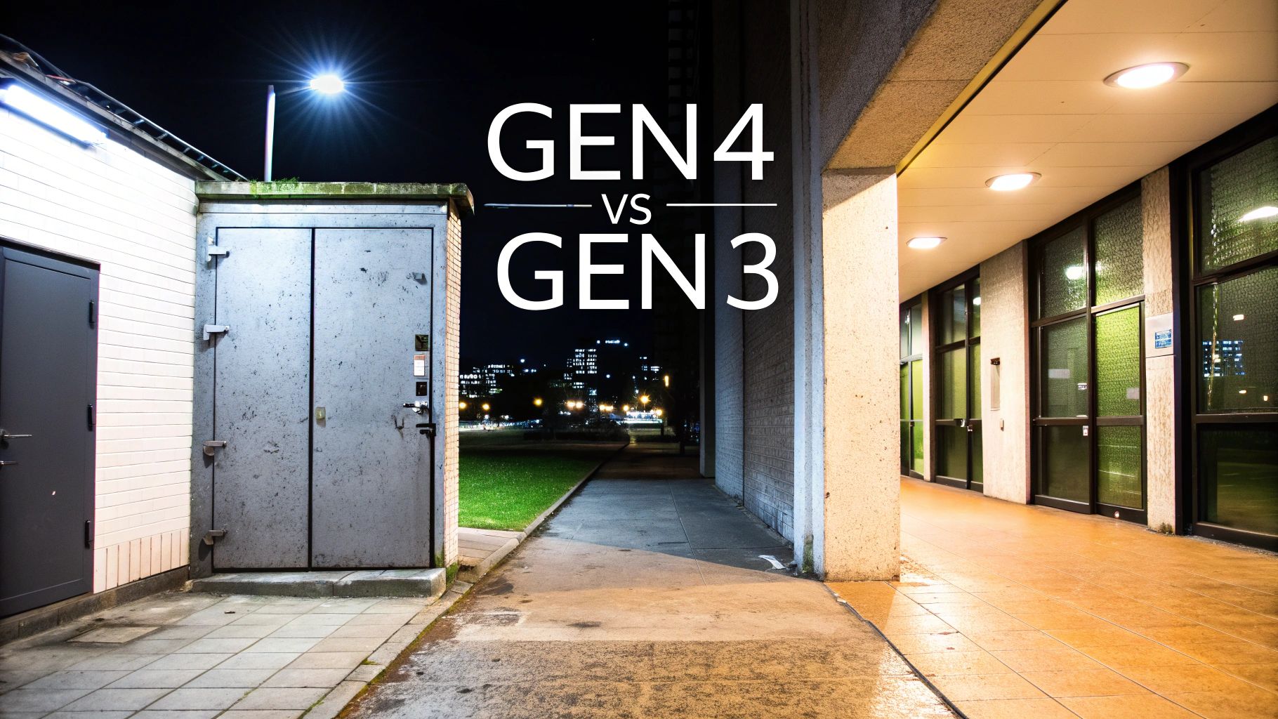Night vision technology comparison showing Gen 4 versus Gen 3 with illuminated urban outdoor walkway