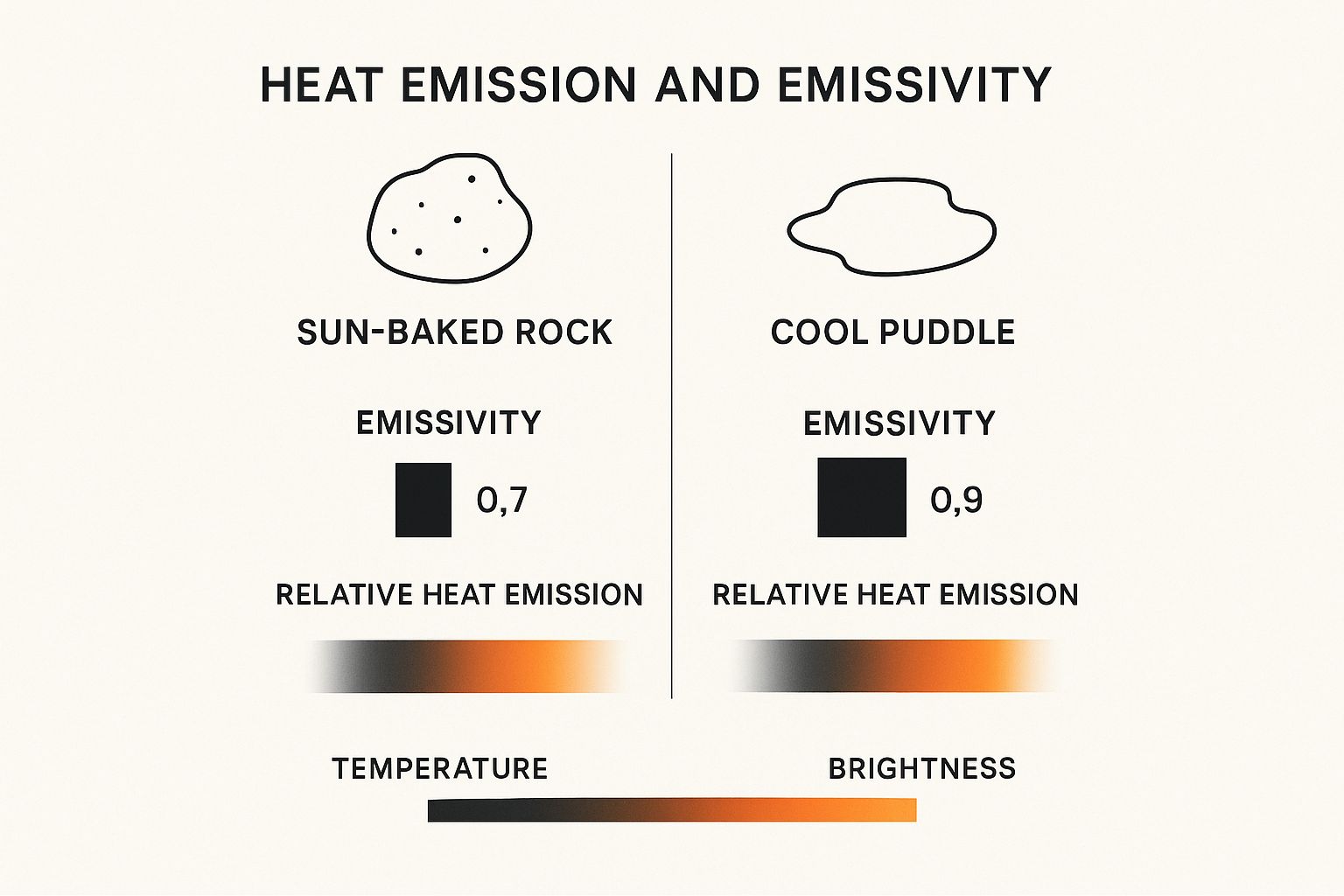 Infographic comparing the thermal emissivity of a sun-baked rock and a cool puddle