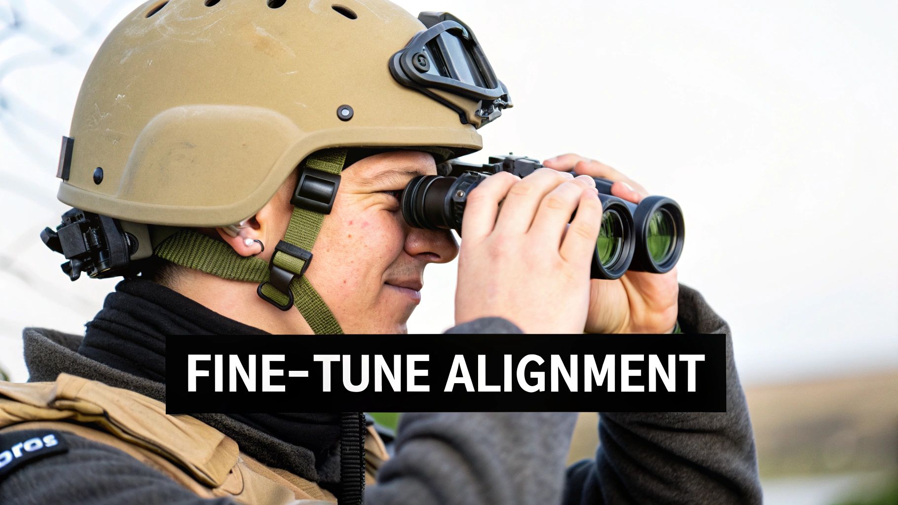 A person wearing a tactical helmet and ear protection, looking through binoculars with intense focus.