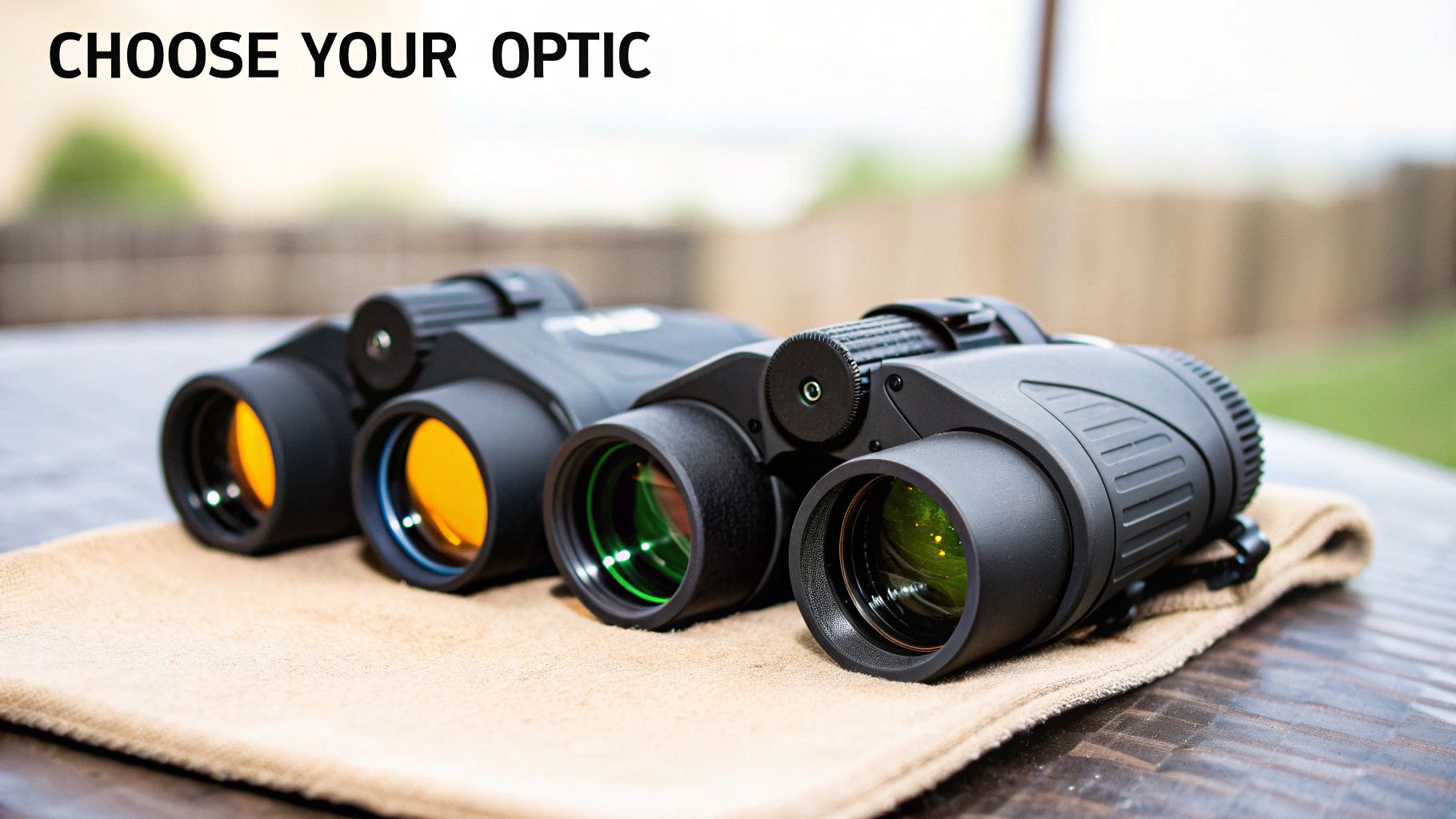 Four diverse binoculars with varying lens colors displayed on a beige cloth, inviting choice.