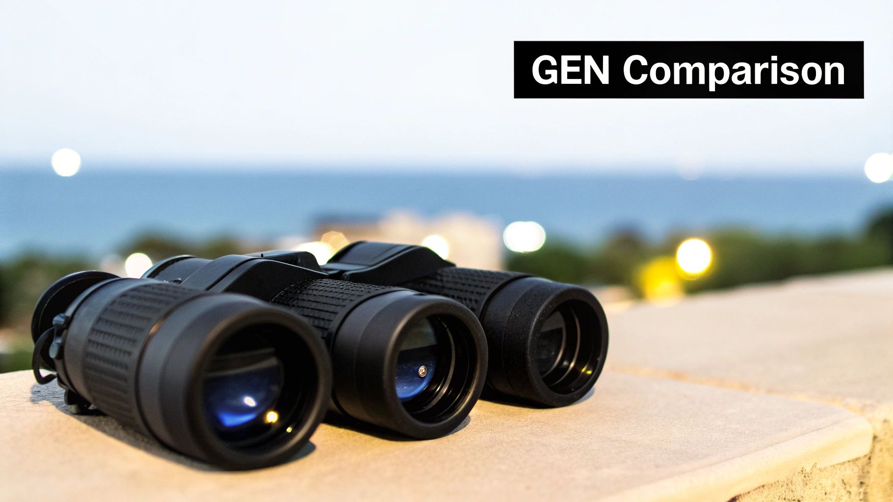 Close-up of black binoculars on a stone surface, with a blurry ocean and city lights in the background.