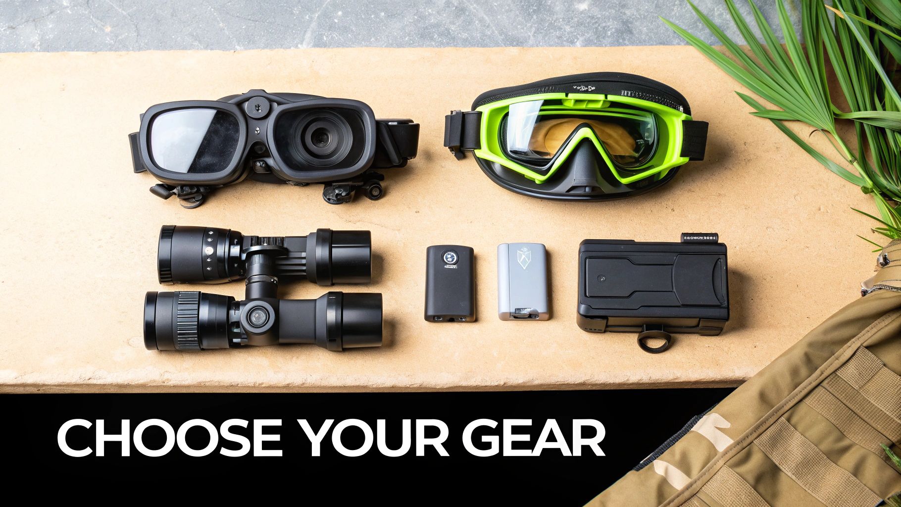 A top-down view of tactical and outdoor gear, including night vision goggles, a diving mask, and binoculars.