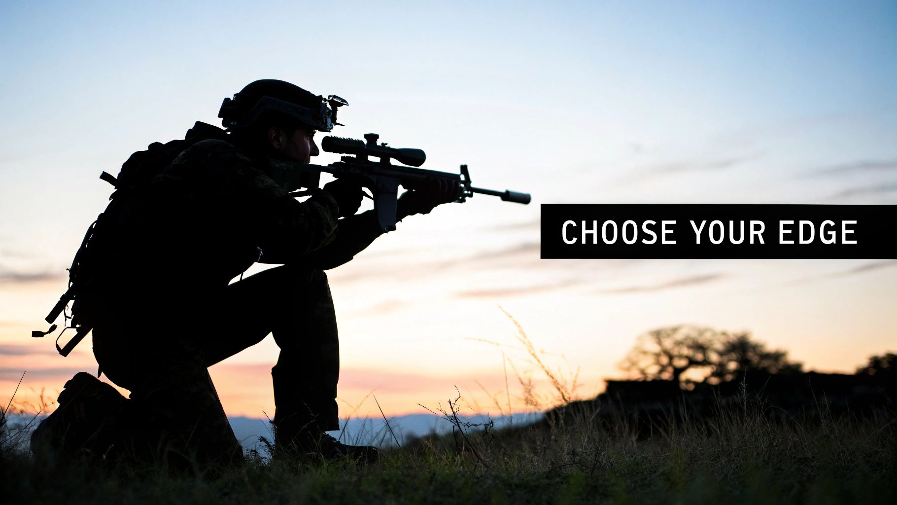 A hunter using a night vision rifle scope in a dark field, scanning the horizon.