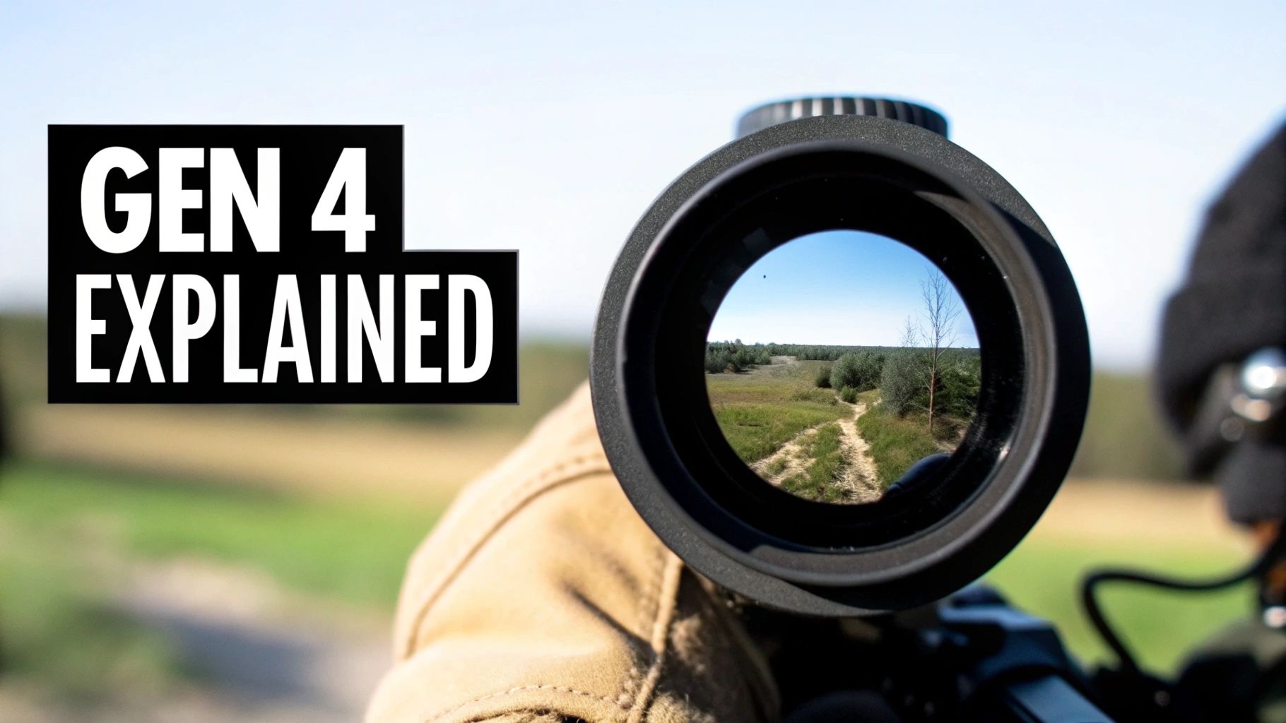 Close-up of a scope's view showing a dirt path and trees with 'GEN 4 EXPLAINED' text.