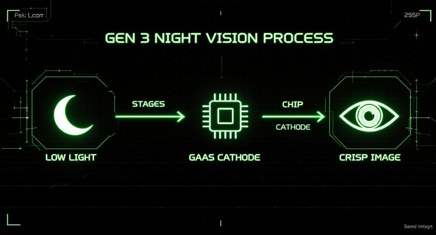 Diagram showing Gen 3 night vision process from low light through GaAs cathode chip to crisp image output