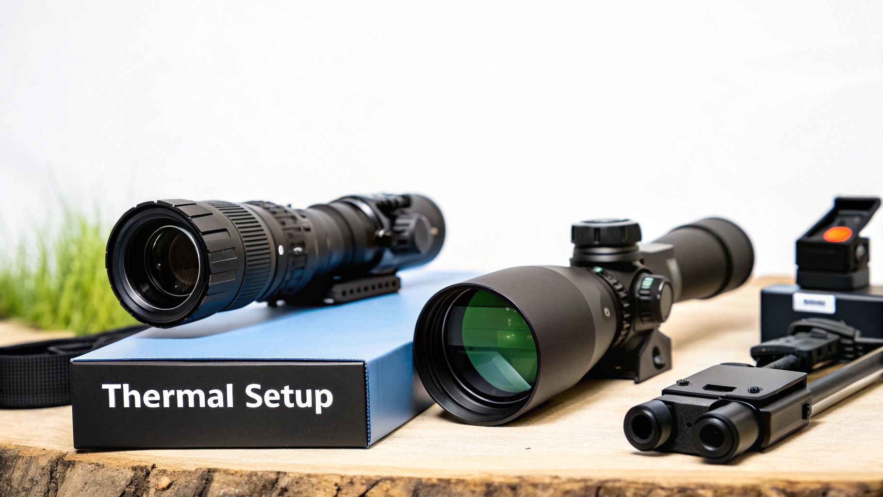 A collection of black thermal night vision scopes and optical devices on a wooden surface.