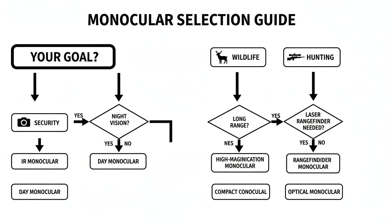 Monocular selection guide flowchart for security, wildlife, and hunting, considering night vision and rangefinder features.