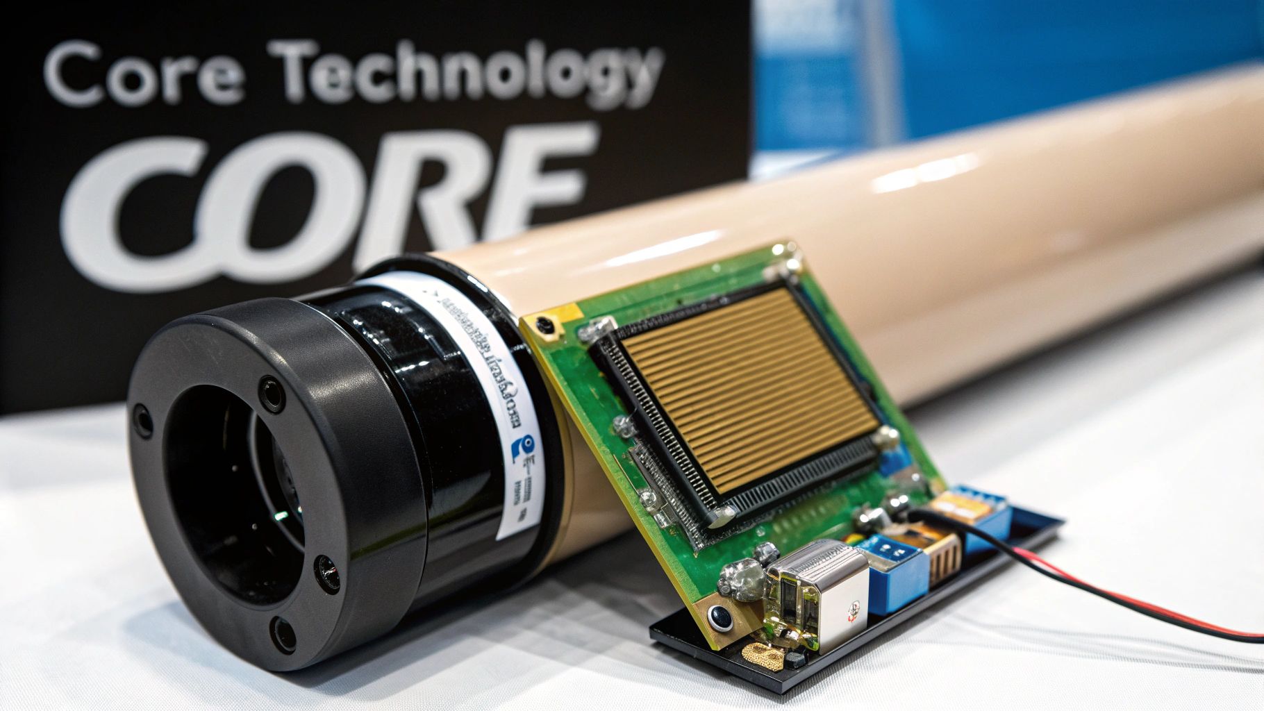 Electronic device with a circuit board featuring a gold sensor, next to a cylindrical component, against a 'Core Technology' sign.