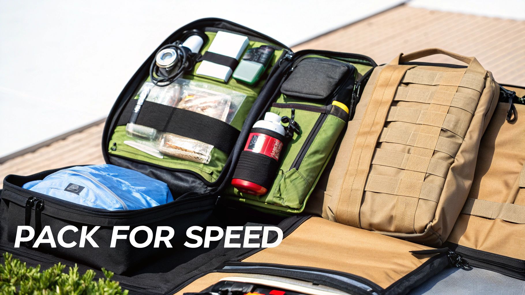 An open bag revealing neatly organized wilderness survival gear including a water bottle and provisions.