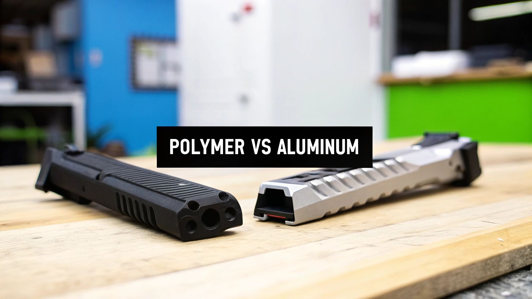 Two firearm components, a black polymer and a silver aluminum slide, on a wooden surface with 'POLYMER VS ALUMINUM' text.