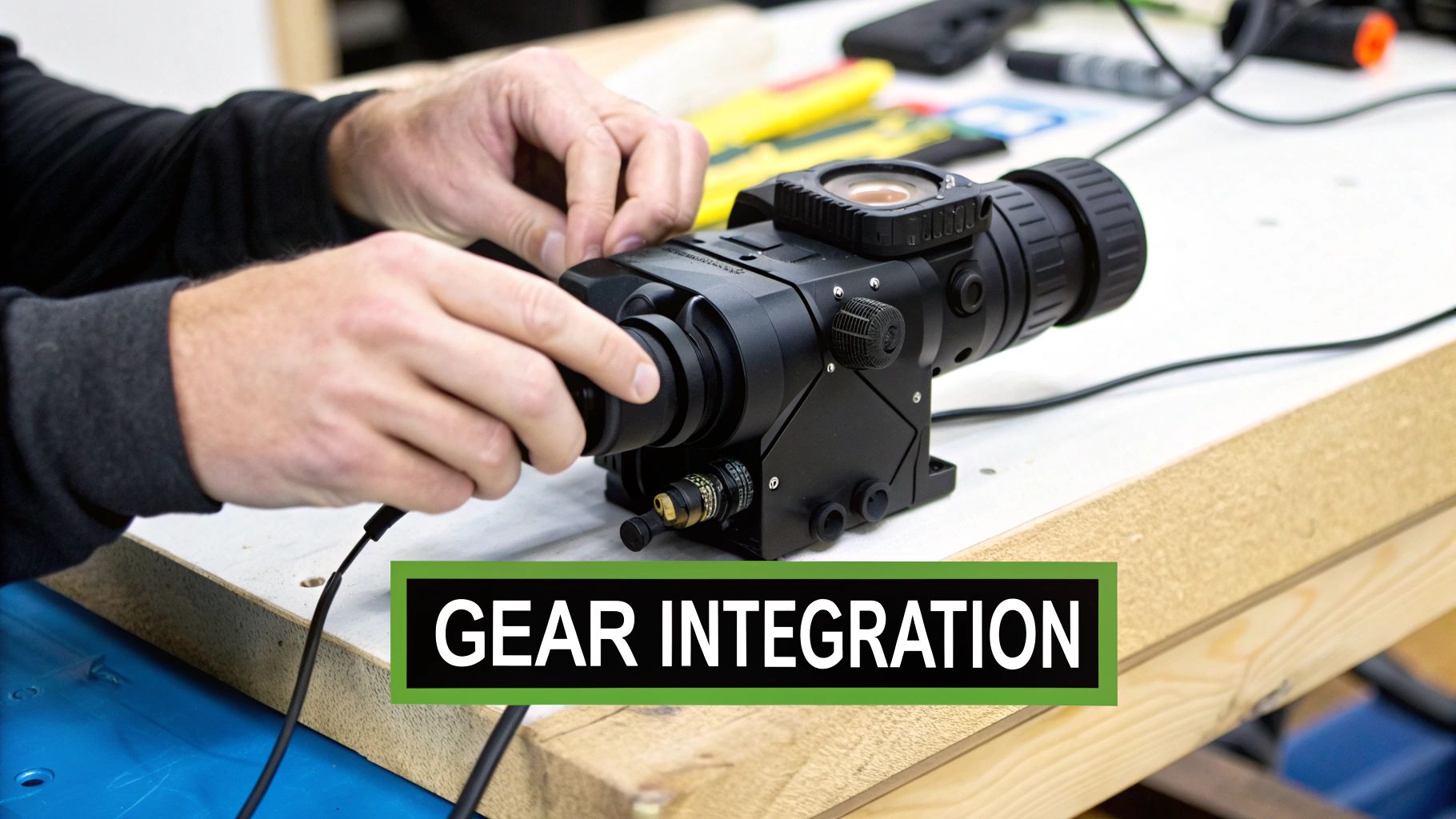 A person's hands are adjusting a black tactical optical device on a wooden workbench, with "GEAR INTEGRATION" text overlay.