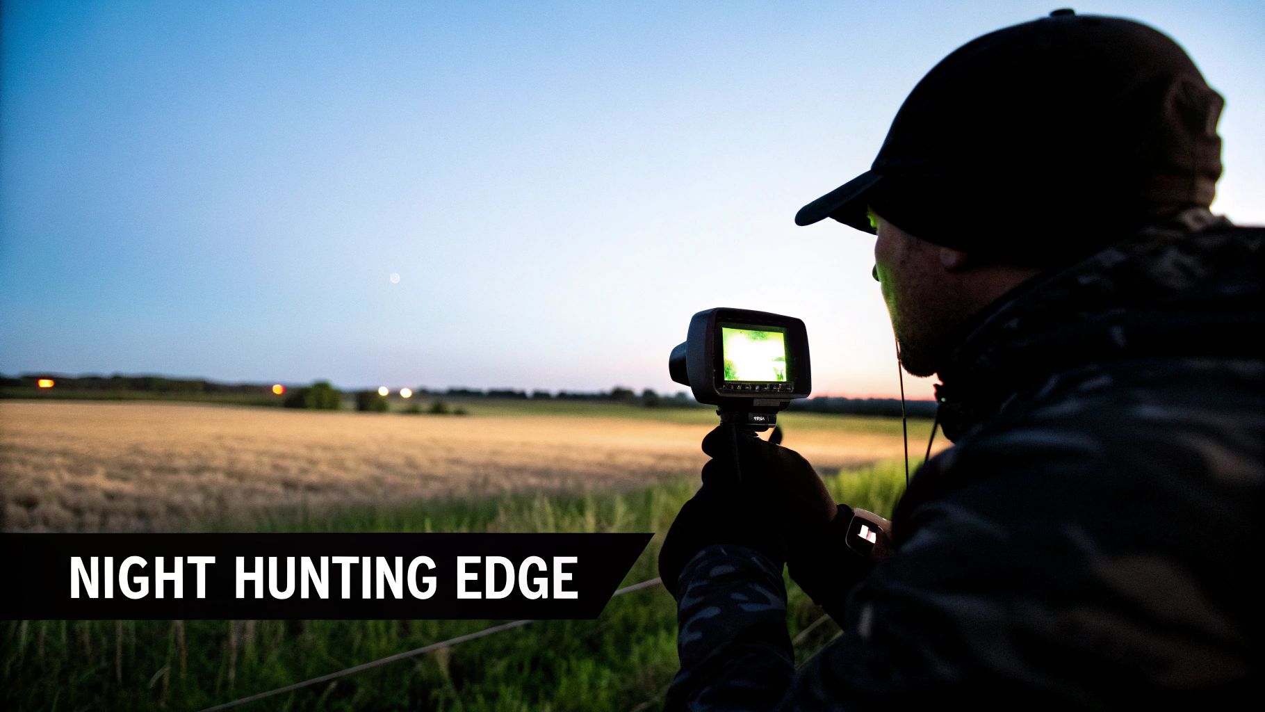 Hunter using a night vision thermal monocular to scan a field at twilight.