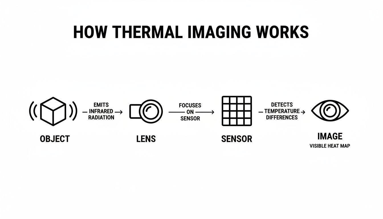 A diagram explaining how thermal imaging works, from object emitting infrared to a visible heat map.