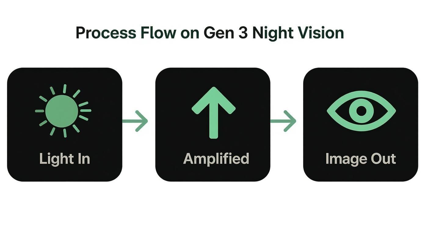 Process flow diagram illustrating Gen 3 night vision technology: light in, amplified, and image out.