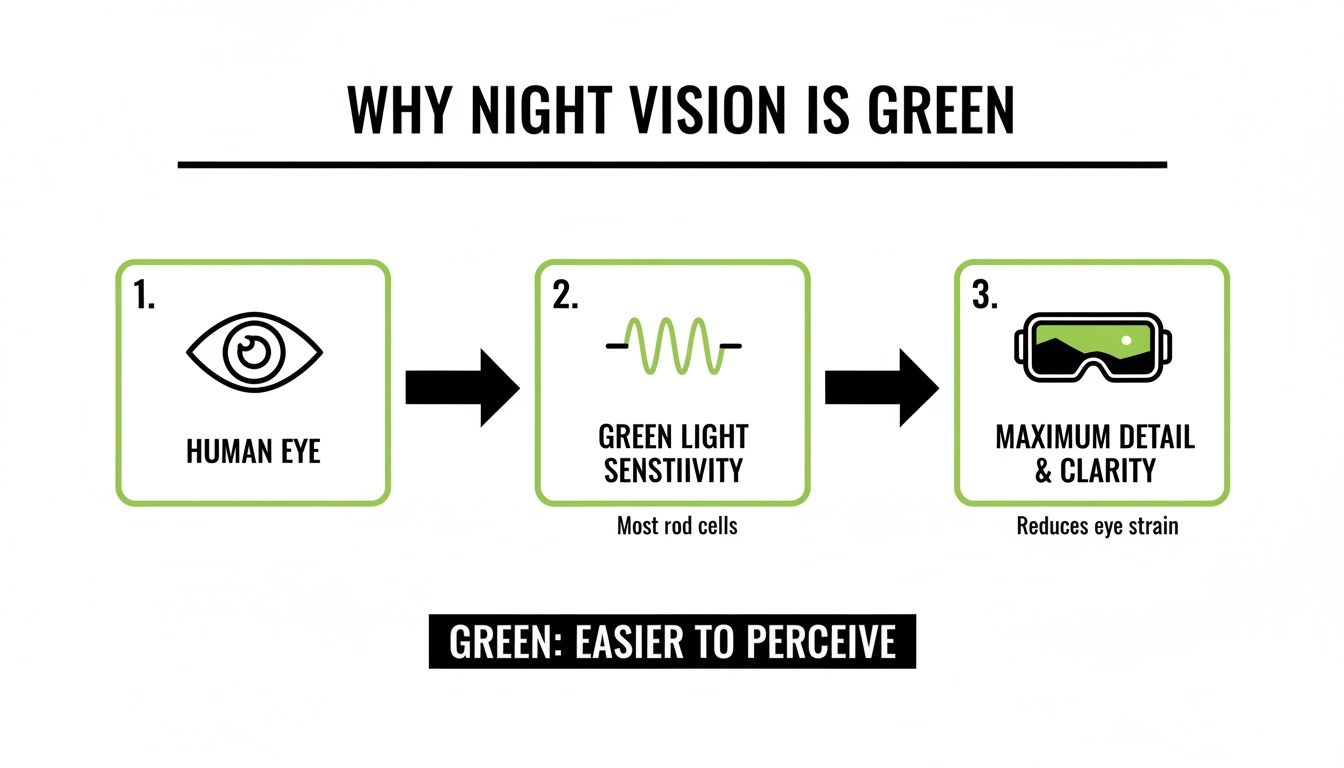 Diagram illustrating how the human eye's green light sensitivity leads to clear night vision.