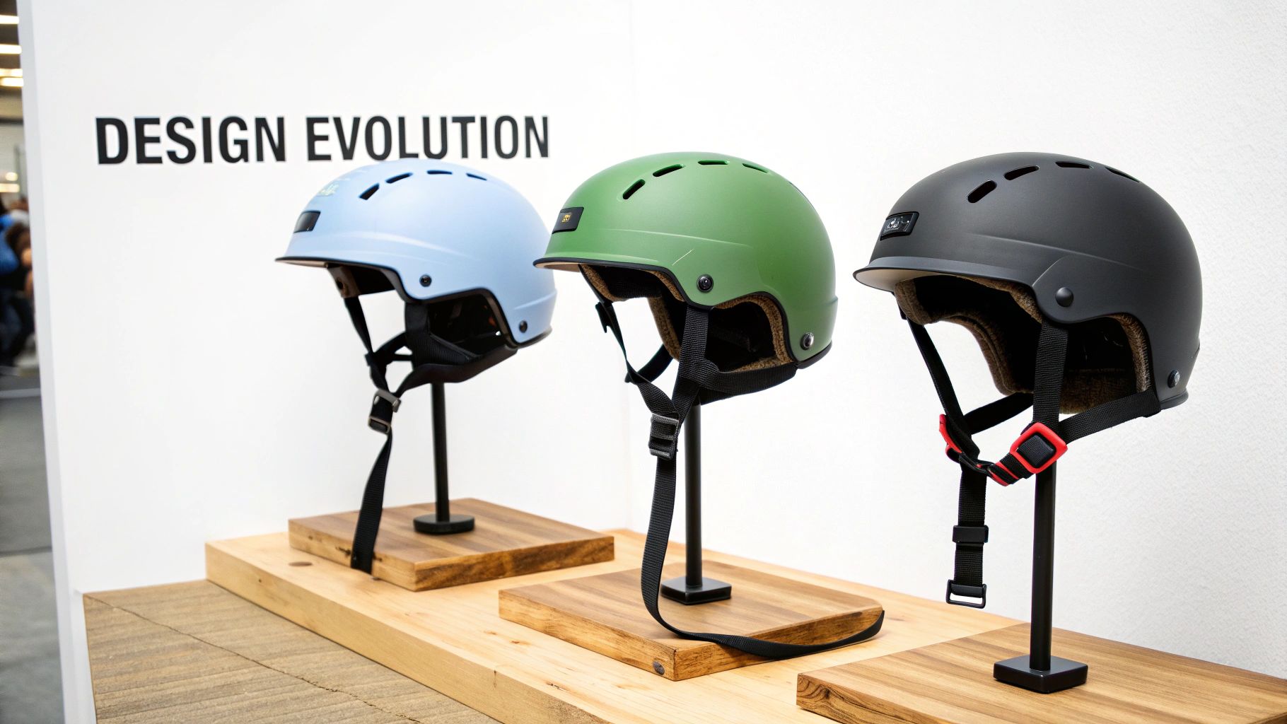 A display of three bicycle helmets in various colors, showcasing design evolution.